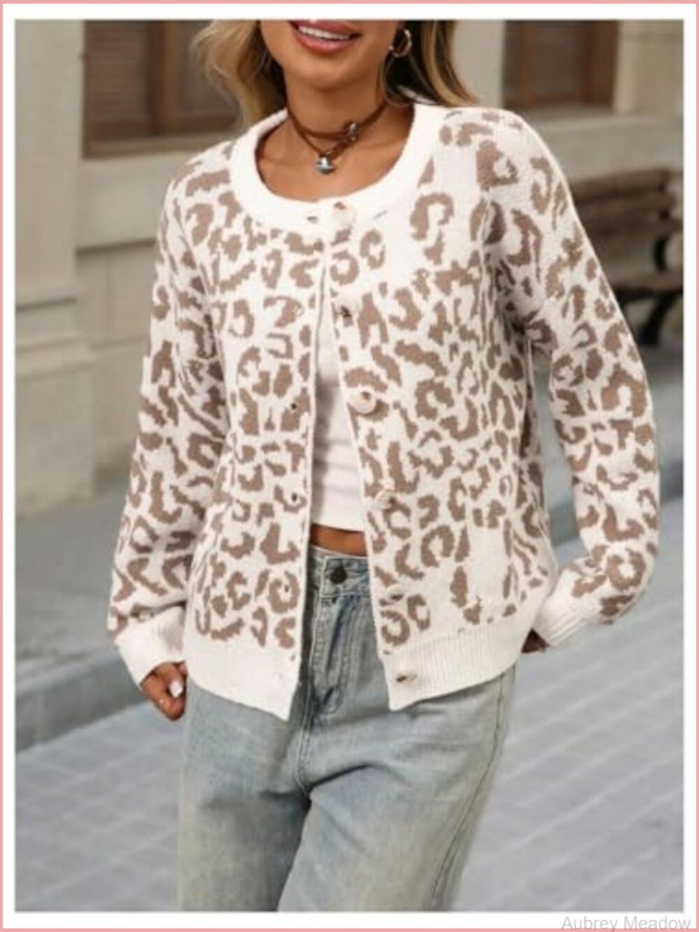 Leopard Cardigan Button Down Long Sleeve Crew Neck Sweater - Picture 4 of 5
